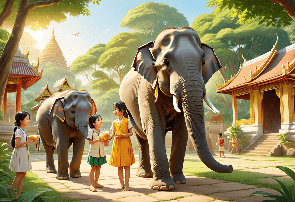タイキャンプでゾウとふれあい、寺院をめぐる生徒たちの様子