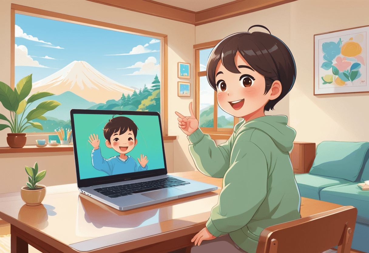 自宅でタブレットを使い、外国人講師のオンライン英会話レッスンを受ける様子